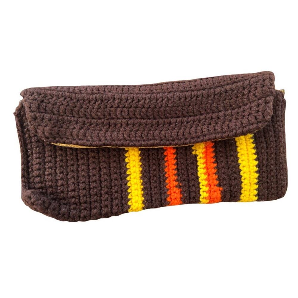 Vintage Crochet Hippie 70s clutch bag brown orange yellow